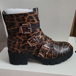 Leopard Print Buckle Combat Boots